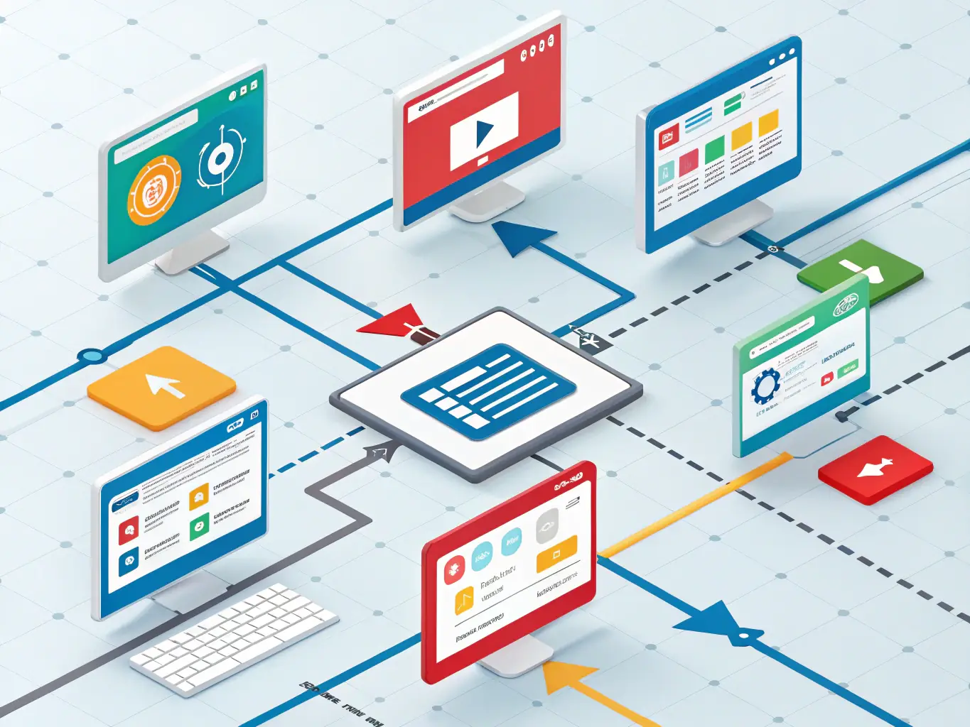 A visual representation of link building, showing connections between various websites and a central hub, symbolizing increased authority and traffic.