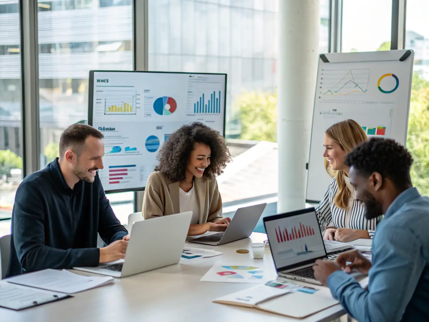 A professional team collaborating on SEO strategies in a modern office setting, symbolizing expertise and teamwork at Agentie SEO DMA.