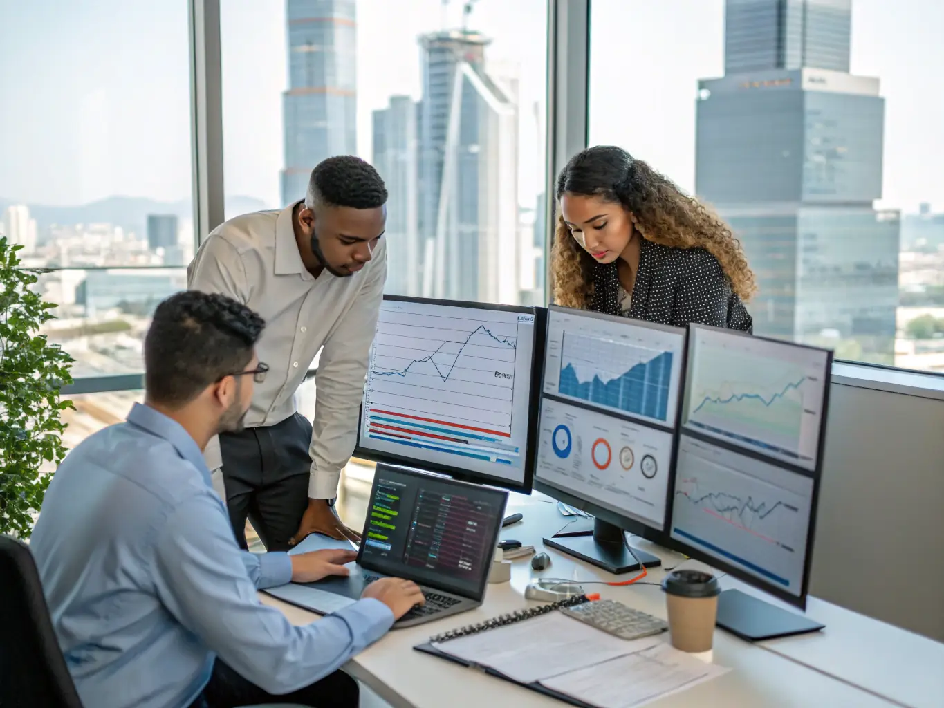 A professional workspace featuring a team of SEO specialists analyzing website data and strategizing for optimal search engine rankings. The atmosphere is collaborative and focused, highlighting Agentie SEO DMA's expertise.