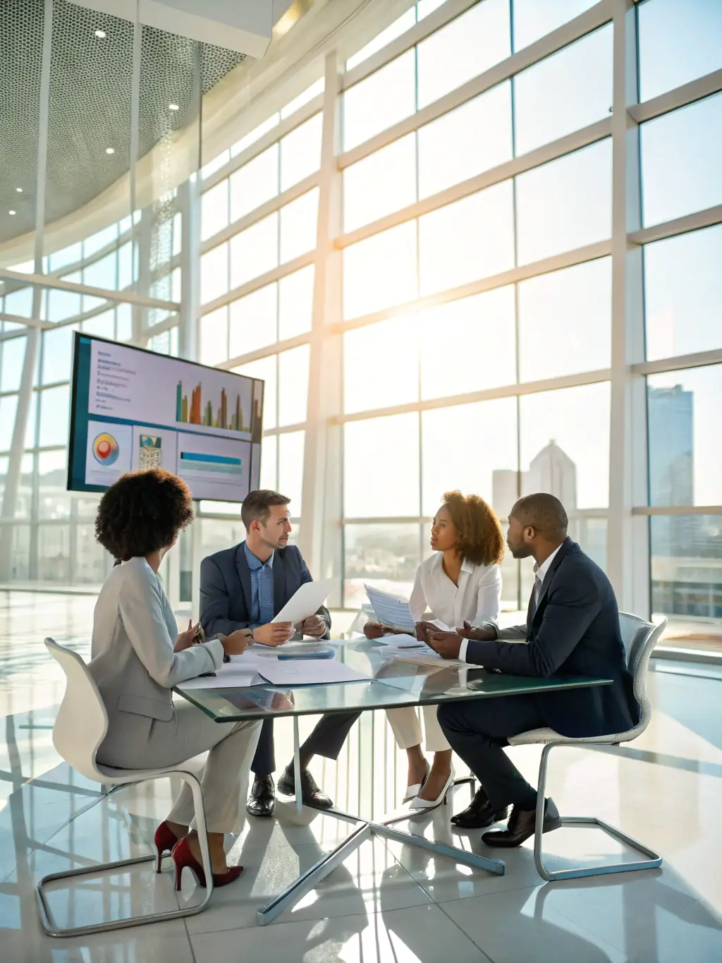 A professional photo of a team brainstorming SEO strategies in a modern office setting, emphasizing collaboration and expertise.