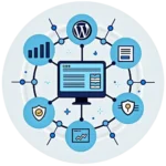 Icon ecosistem digital pentru SEO, WordPress, hosting, viteză, securitate și conversii într-o strategie tehnică unitară.